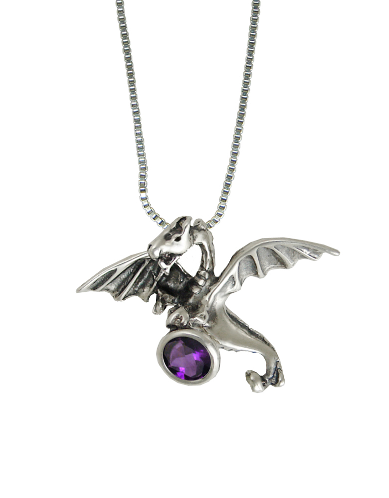 Sterling Silver Little Treasure Dragon Pendant With Amethyst